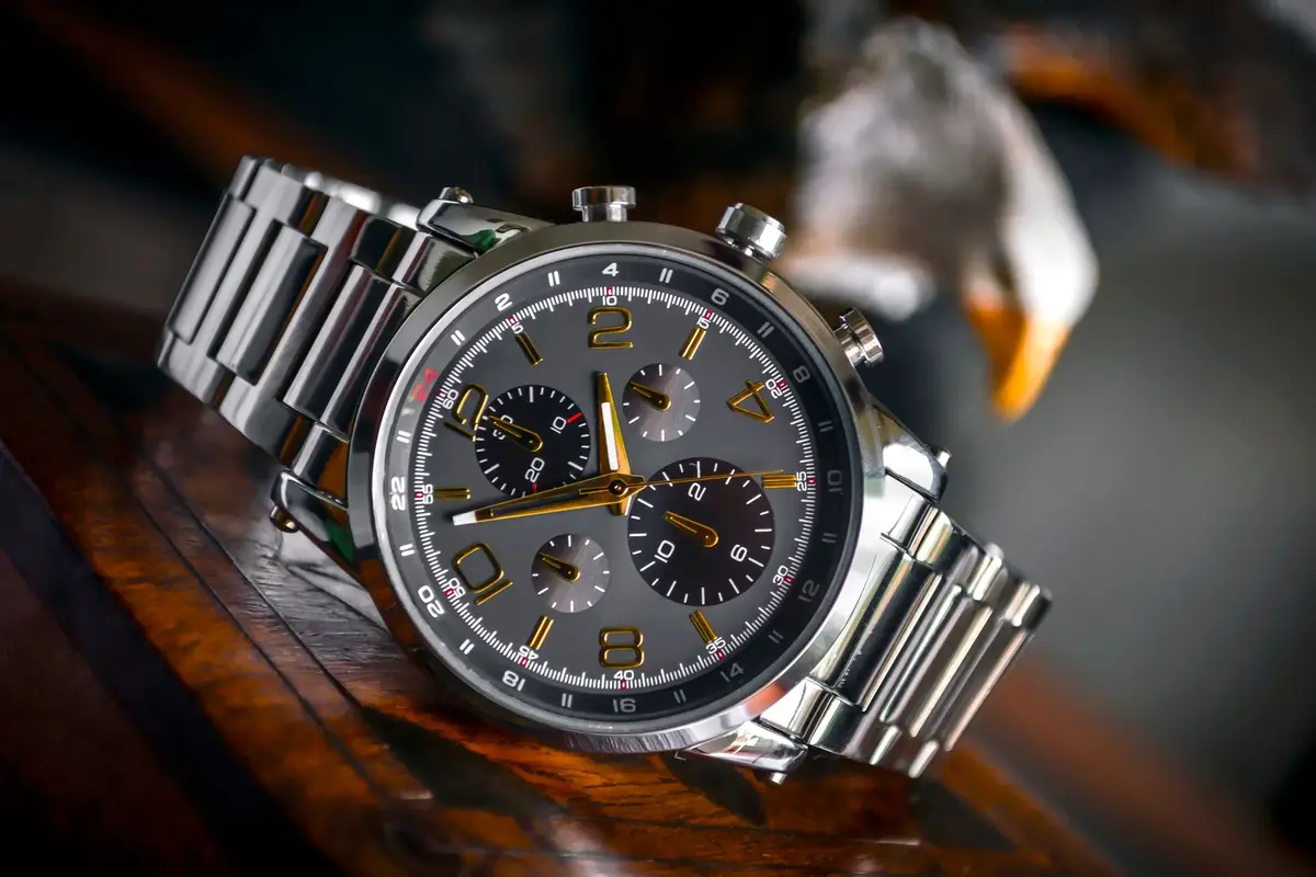 Luxury steel wristwatch on display