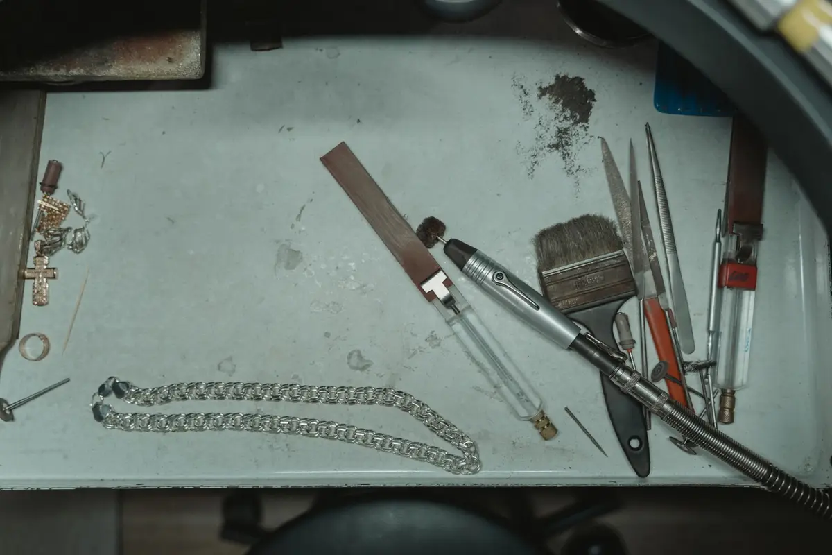 Jewellery maker’s workbench with tools