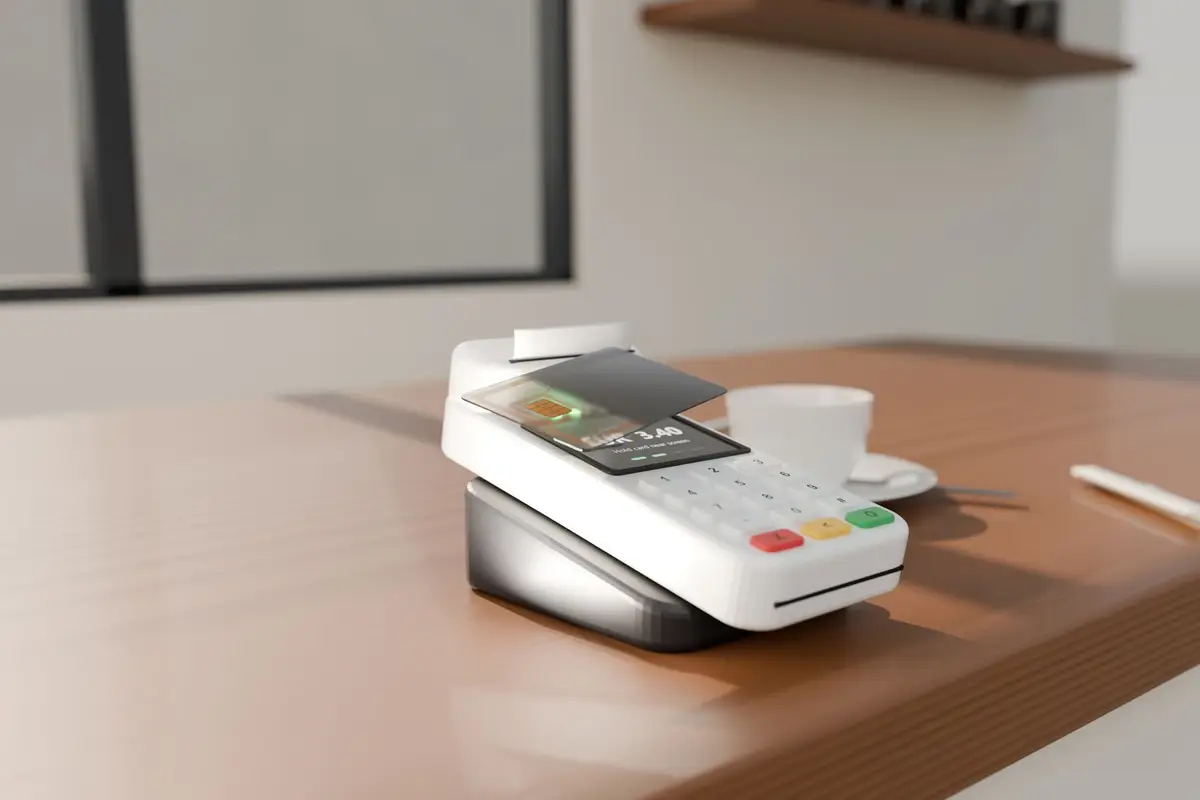 Card terminal on a cafe counter