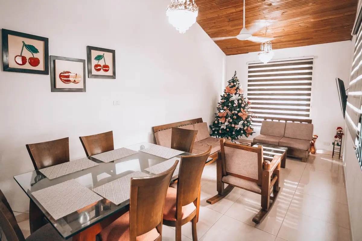 Living room in a holiday rental decorated for the holidays
