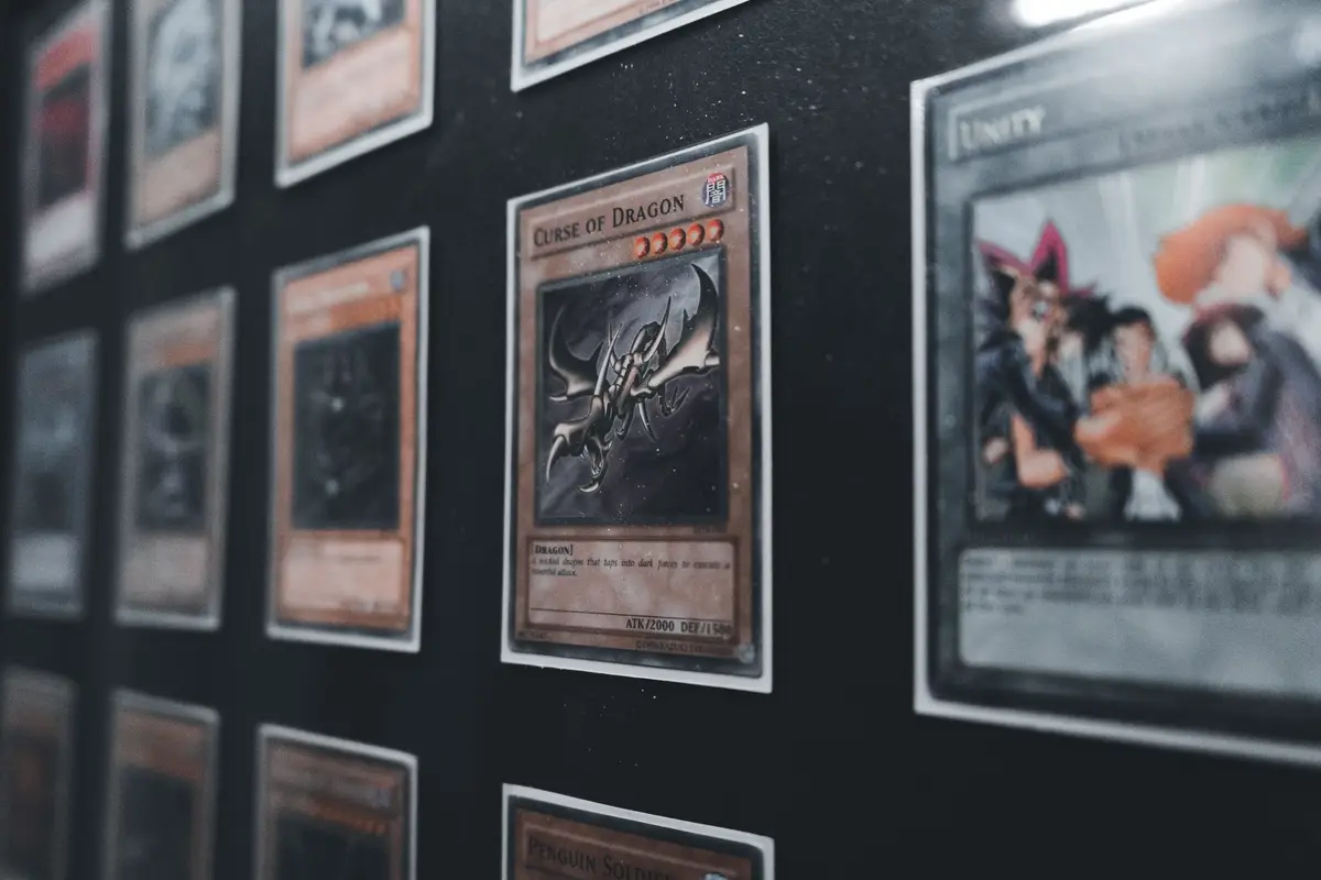 Trading cards displayed in a shop case