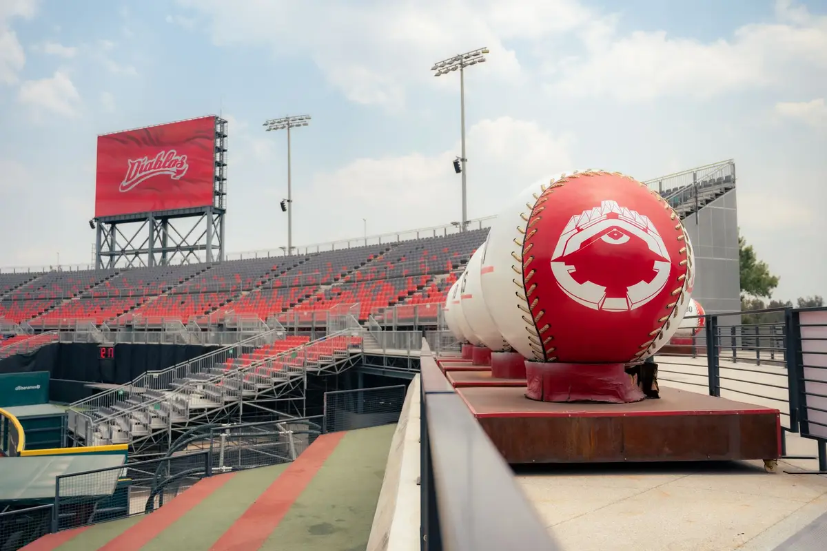 Empty baseball stadium with oversized decorations